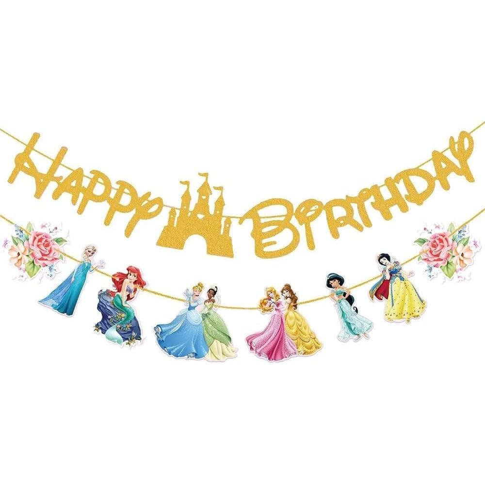 Decorações para Festa de Aniversário de Princesa, Faixa de Feliz Aniversário Dourada Brilhante e Bonita e Faixas de Prin