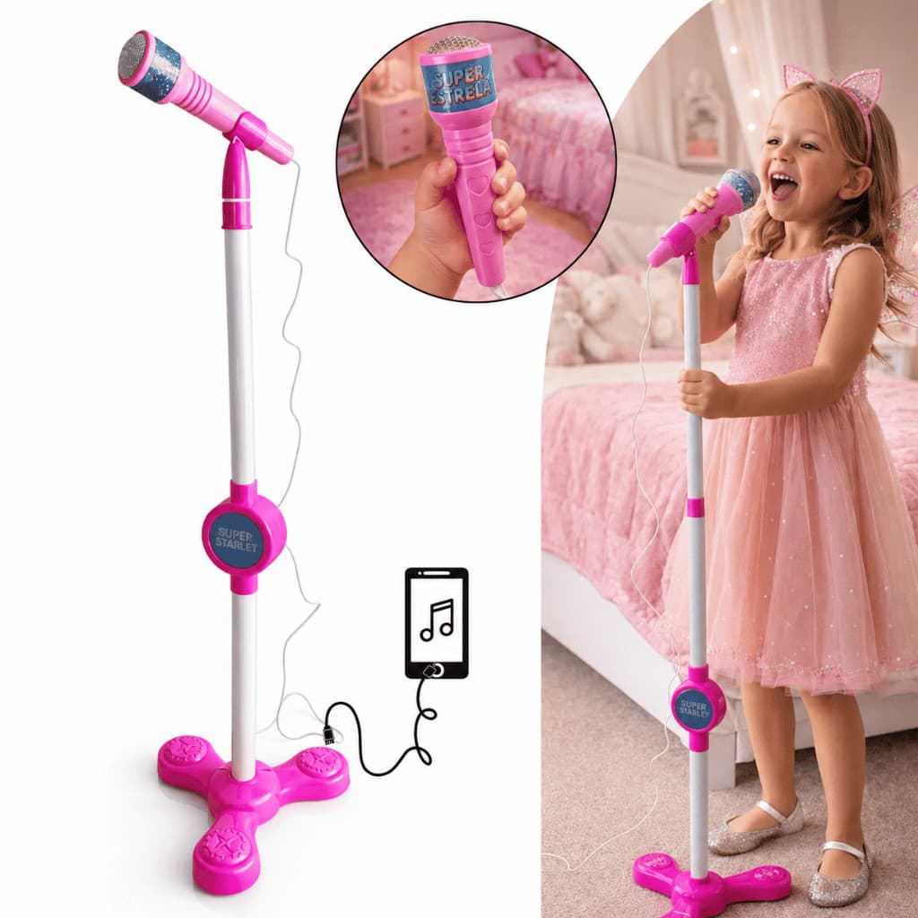Microfone Infantil com Pedestal Ajustável Karaokê para Crianças com Entrada P/ Celular