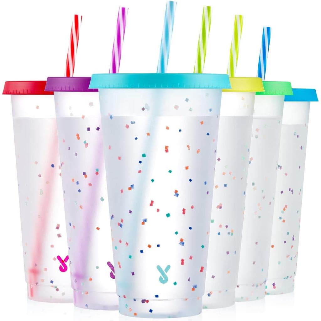 Copos Meoky Confetti que Mudam de Cor com Tampas e Canudos para Café Gelado, Festas, Piscina - Pacote com 6 Copos Reutil