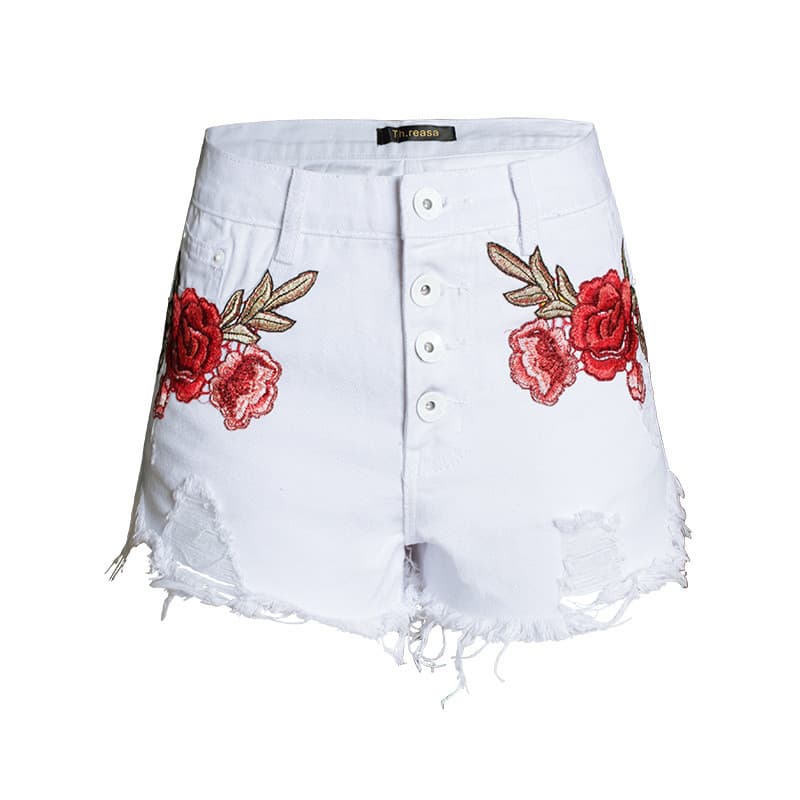 [Novo produto] Calças rasgadas femininas Shorts Jeans de barba fluida Jeans femininos bordados altos Jeans brancos [vend