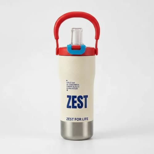 Garrafa Térmica 800ml Aço Inox 316 Reforçado com Canudo Bocal Alça Isolamento a Vácuo ZEST Bege Vermelho