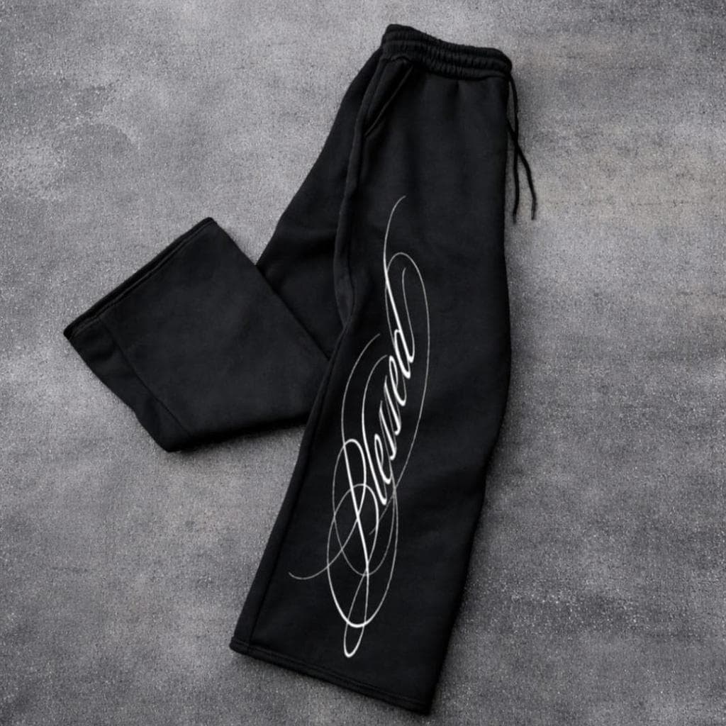 Calça Baggy Wide Leg Moletom Unissex Streetwear Y2K Blessed Algodão Premium