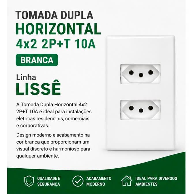 Tomada com Interruptor Dupla 10A Modular Lissê Branca com Placa 4x2