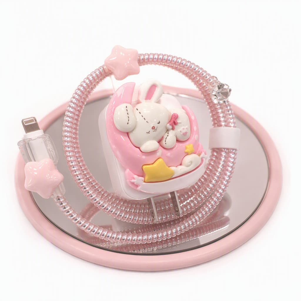 Dream Bunny Decoração Quarto Rosa Compatível com Carregador Apple Coelho Lua Estrela Cabo Espiral Design 3D Proteção