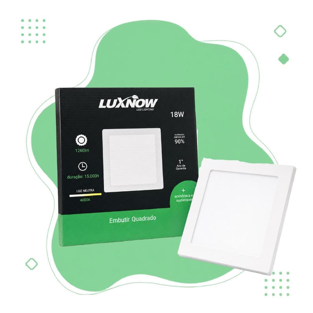 Painel Led Embutido Quadrado 18W 4000K - Luxnow - 22cm x 22cm - Luz Neutra