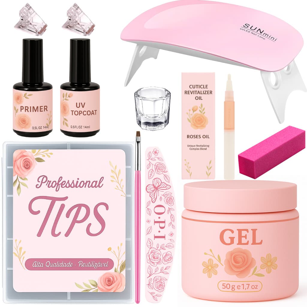 Kit Alongamento De Unha Gel Cabine Estufa Sun Mini 6w + Top Coat + Primer + 100 Unhas Tips/Acrigel/Porcelana