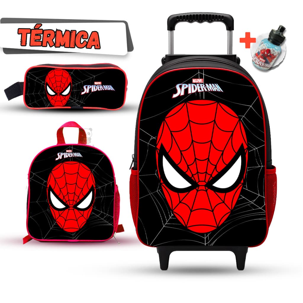 Mochila Escolar de Rodinha + Lancheira Térmica e estojo Homem Aranha