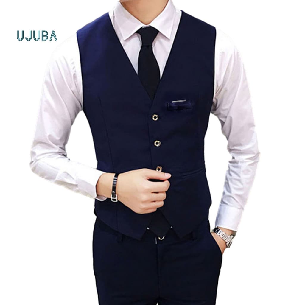 Fake Pockets Waistcoat Men Formal Vest Men's Slim Fit V-neck Single-breasted Business Suit Coat Sleeveless Solid Color C
