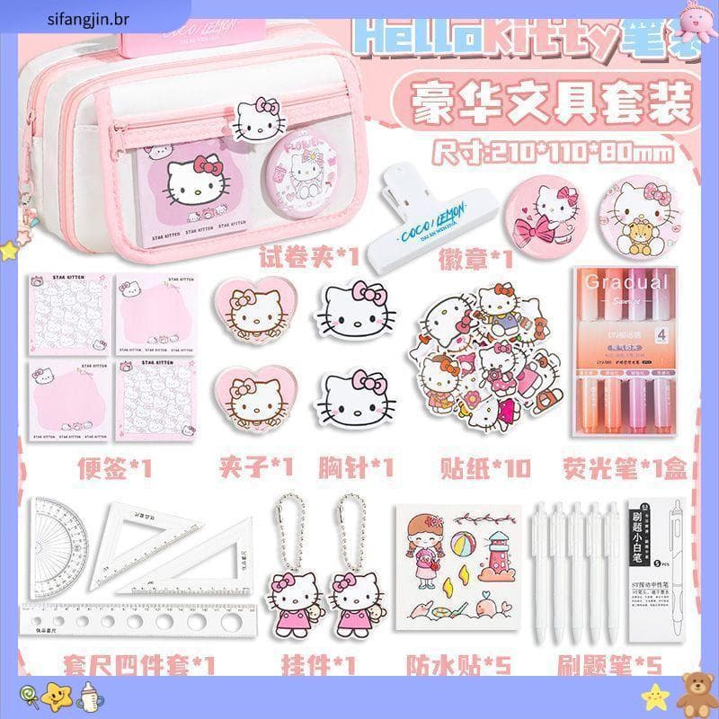 HelloKitty Estojo de lápis fofo de grande capacidade K itty Cat Conjunto de papelaria Estojo de lápis para meninas Caixa