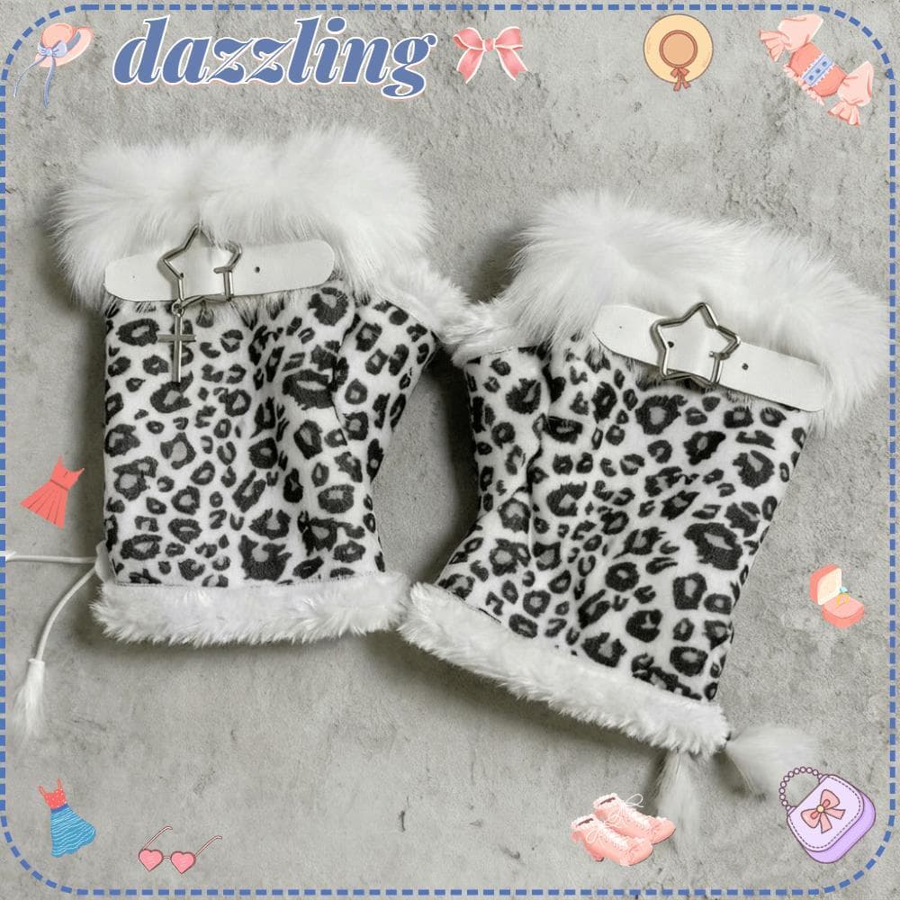 Luvas Deslumbrantes De Meio Dedo , Sem Dedos Com Forro De Pele Sintética Estampa De Leopardo Y2K À Prova De Vento