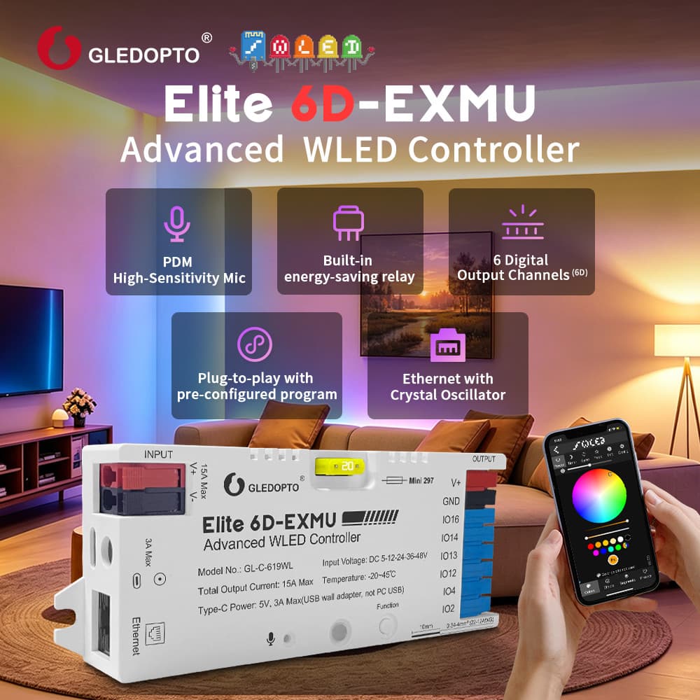 GLEDOPTO Elite 6 Canais WLED Controlador Ethernet Microfone Relé Suporte Assistente De Casa Sincronização Música 15A DC5