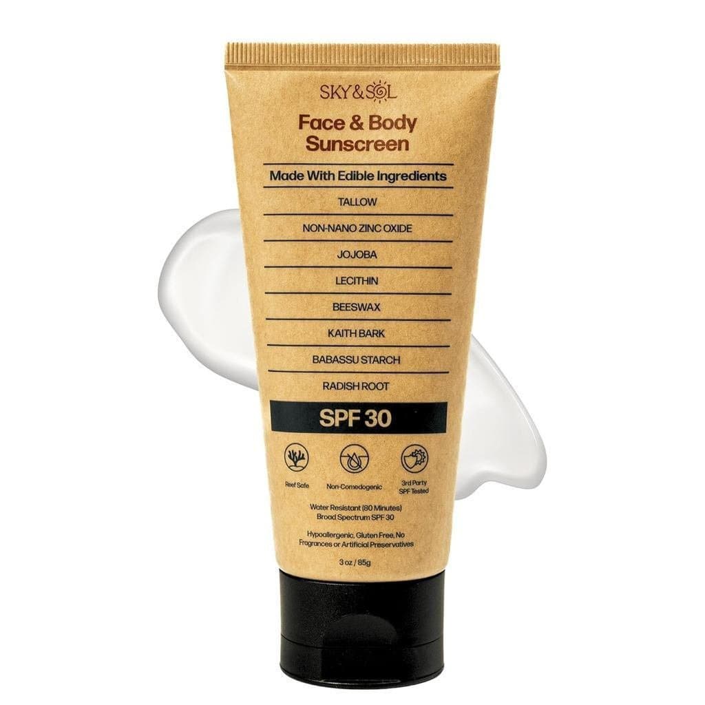 SkyandSolMineral Protetor Solar com Óxido de Zinco e Sebo de Boi SPF30 3 oz, ecológico, inofensivo, à prova d'água, sem