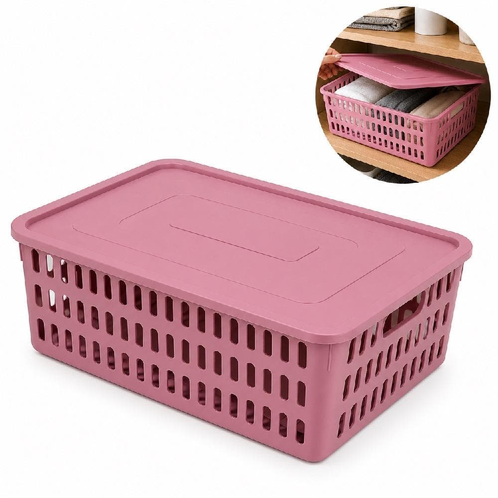 CAIXA ORGANIZADORA GRANDE INFANTIL COM TAMPA EMPILHAVEL CESTO ROSA VAZADO MULTIUSO ARMARIO GUARDA ROUPAS PORTA SAPATOS B