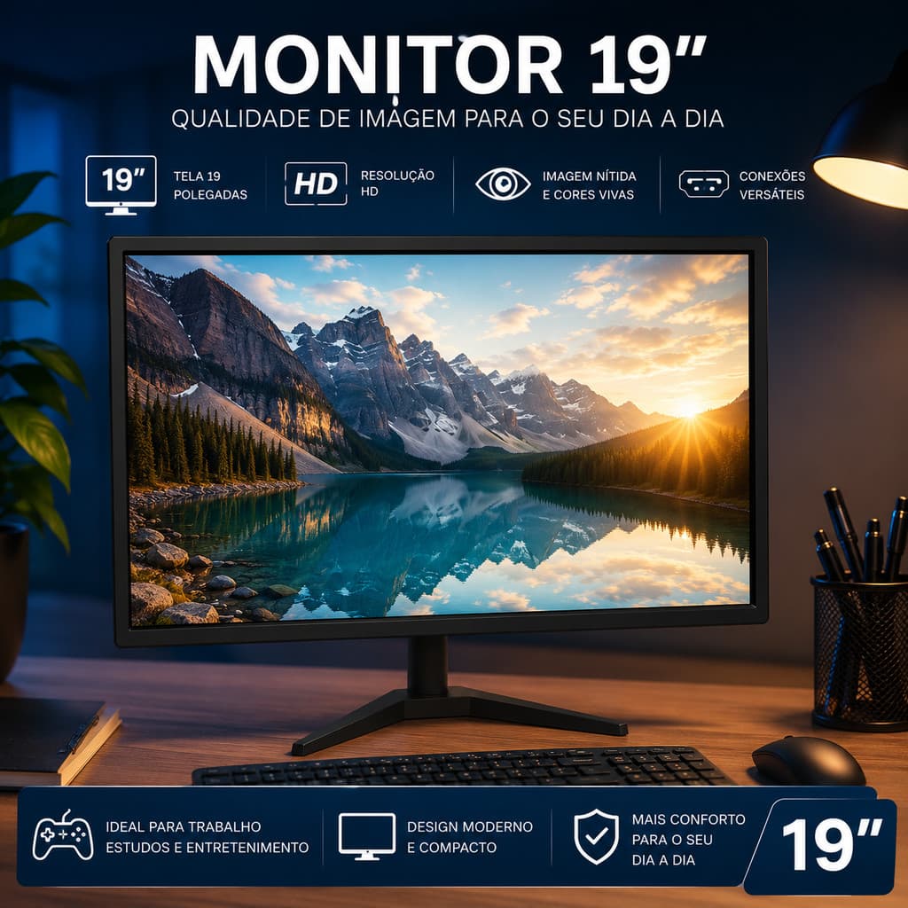 Monitor 19" LED HD HDMI VGA para PC Escritório Estudo Trabalho Casa Tela Slim Compacta