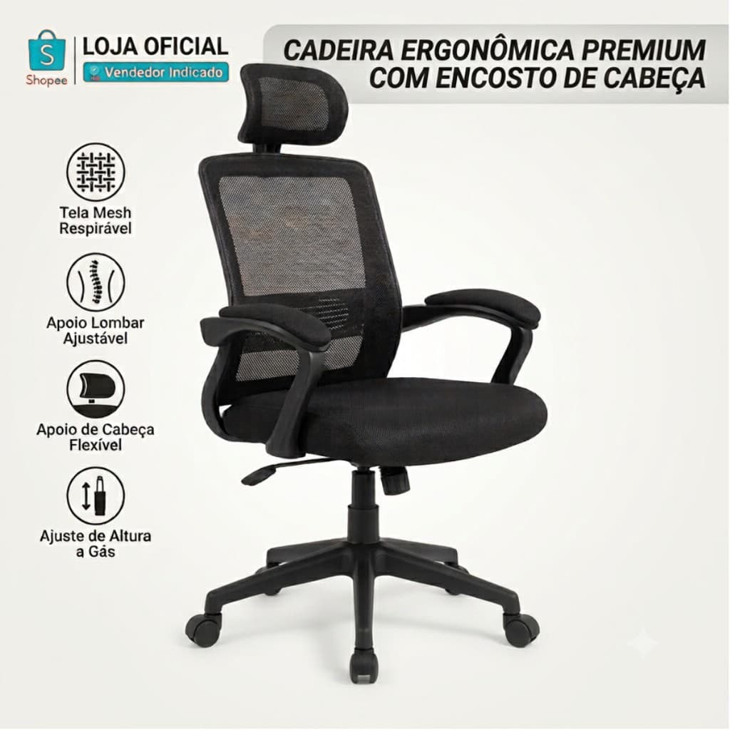 Cadeira Escritório Ergonômica Mesh Presidente Apoio Lombar Encosto Cabeça Reclinável Ajustável Office