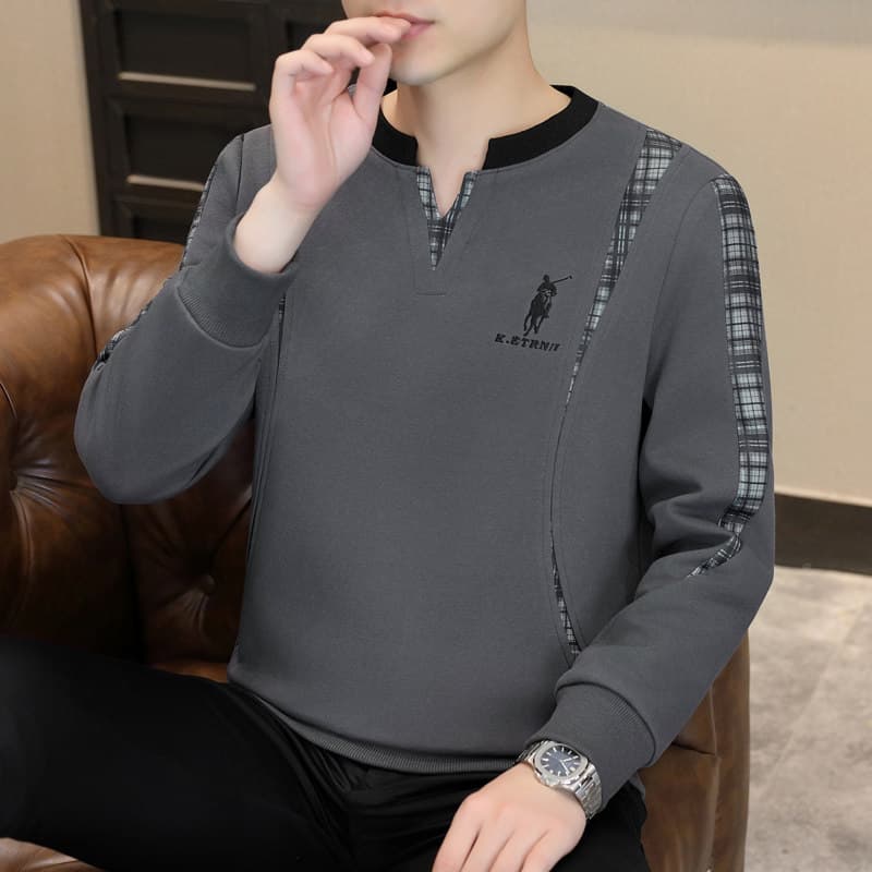 Falso moletom de duas peças masculino com decote em V manga comprida camiseta primavera outono estilo 2025 novo estilo c