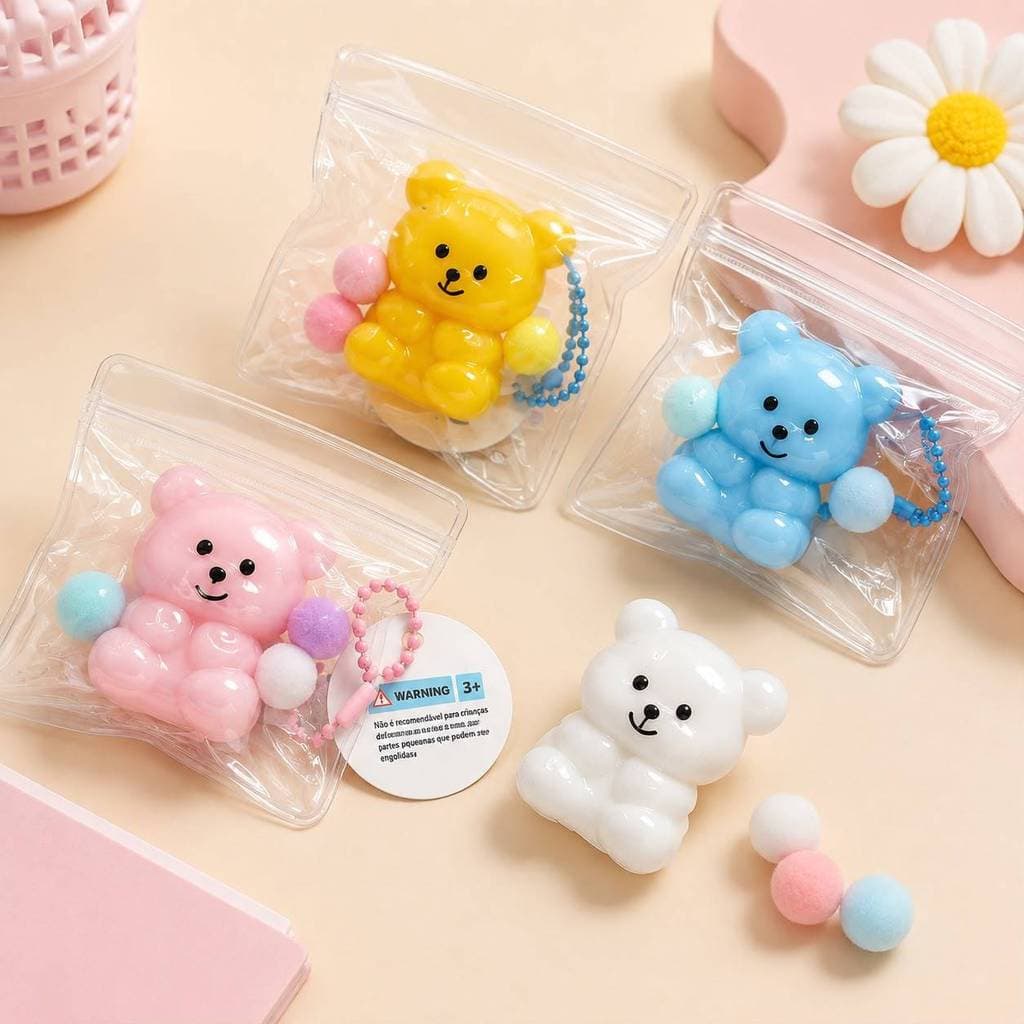 Mini Squishy Ursinho Antiestresse Kawaii com Chaveiro, Fidget Toy Fofo e Macio
