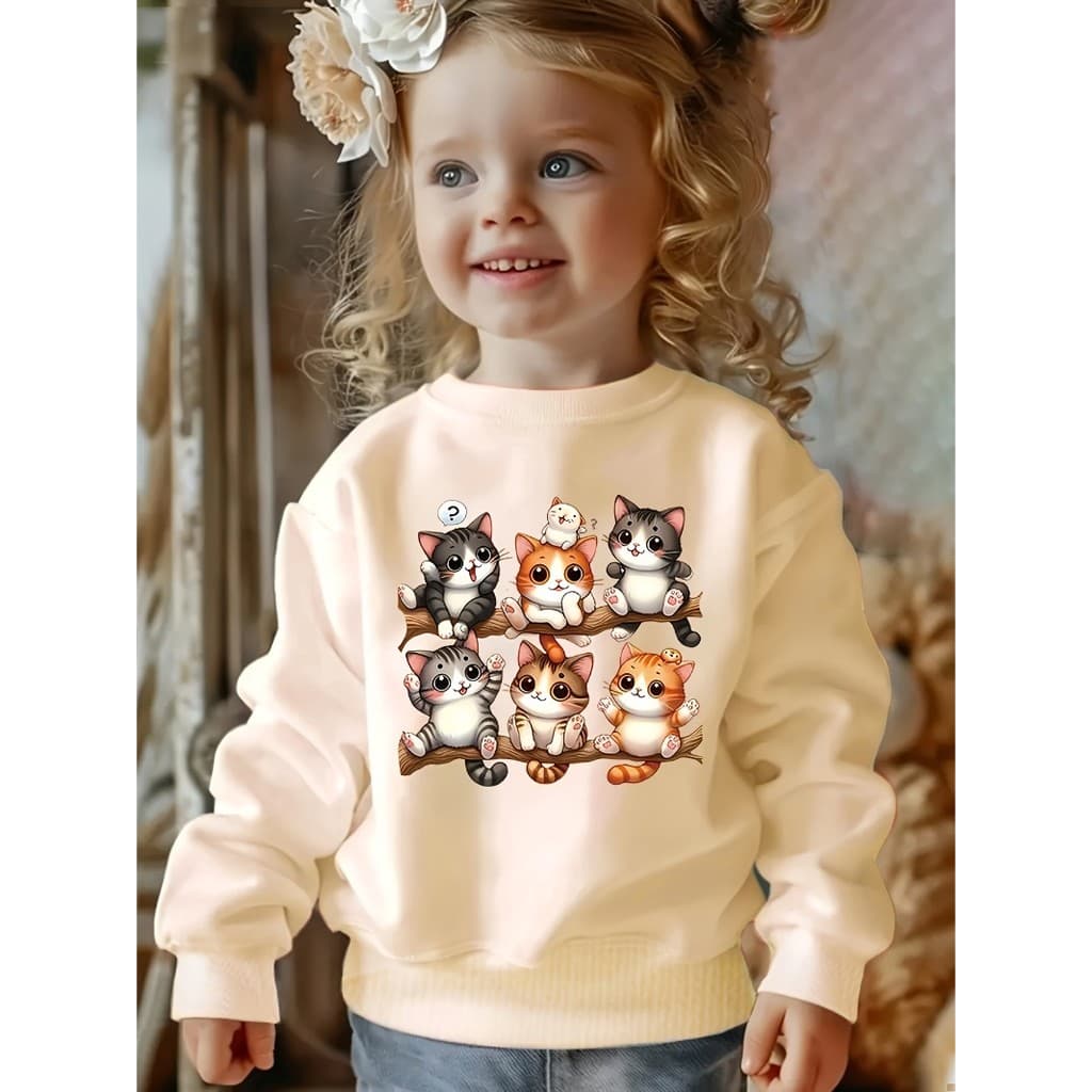 Moletom Aconchegante com Estampa de Gatinho de Desenho Animado para Meninas - Gola Redonda Casual, Confortável, Fashion