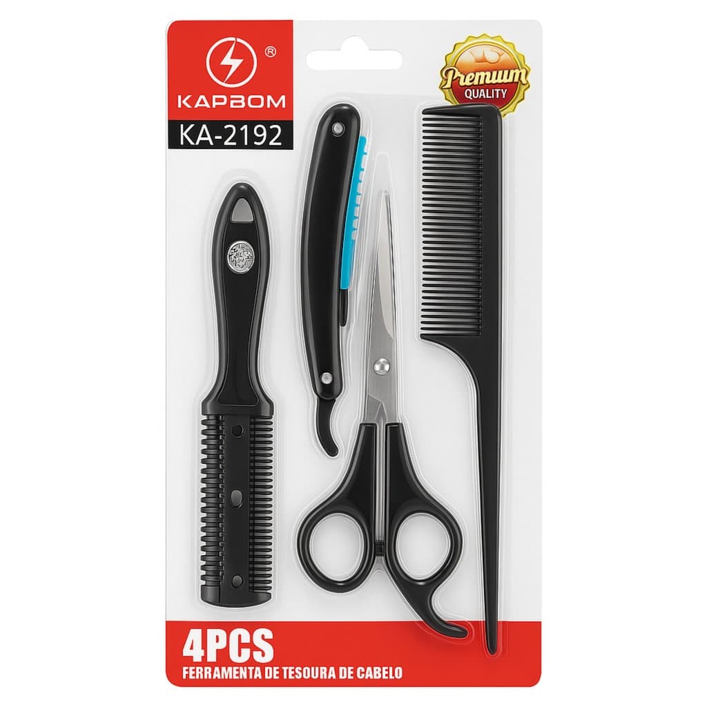 Kit Corte Cabelo Barba Tesoura Navalha Pente 4 Peças KAPBON KA-2192