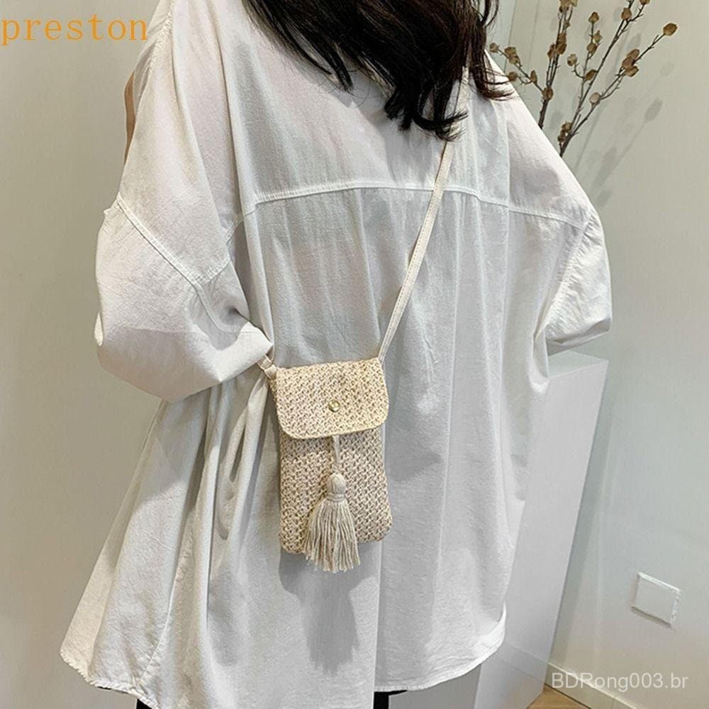 Bolsa De Tecido De Palha PRESTON , Telefone Feminina De Tecelagem Artesanal Balde Crossbody Com Borla Longa De Cor Sólid