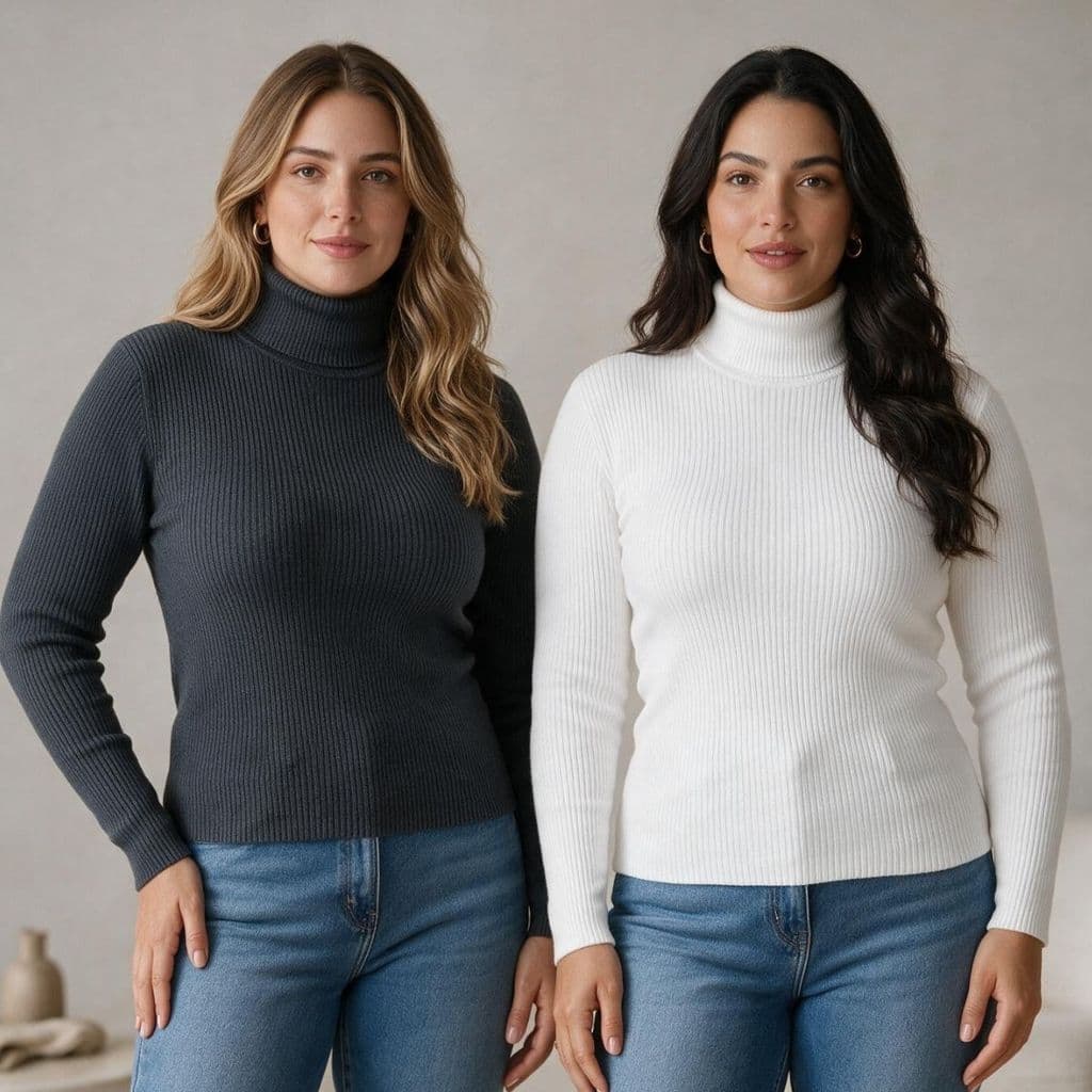 Kit 2 Cacharrel Feminina Plus Size Tricô Canelado Gola Alta Manga Longa Suéter Segunda Pele Premium