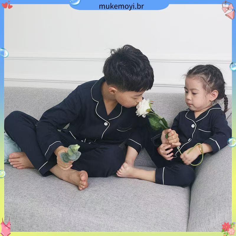 Crianças pijamas de algodão puro manga comprida primavera outono estilo moda quente meninos meninas cor sólida Homewear