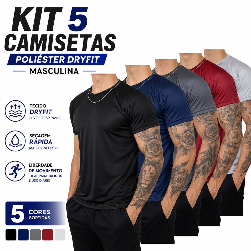 Kit 5 Camisetas Dry Fit Masculina - Casual - Treino - Academia - Esportes - Exercícios - Corrida