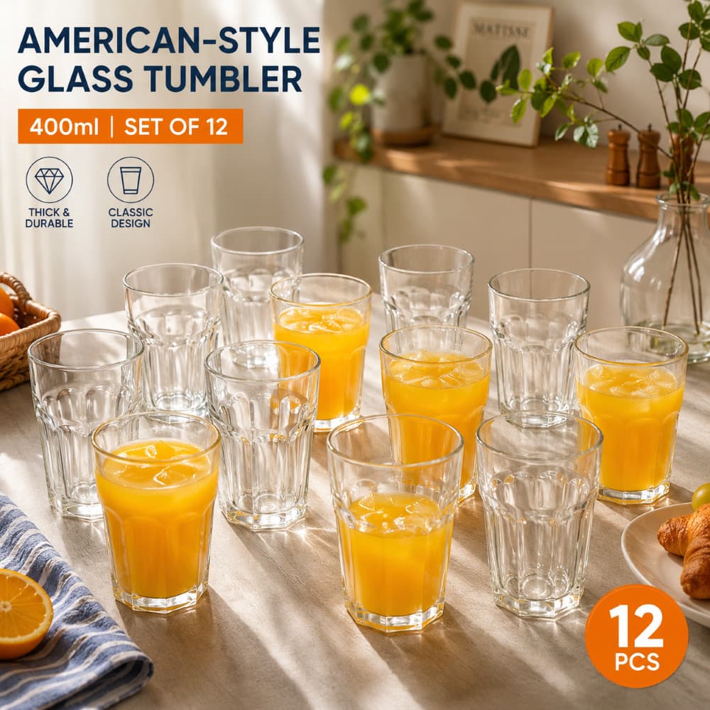 Kit 12 Copos Americanos de Vidro 400ml Transparente Reforçado para Água Suco e Drinks