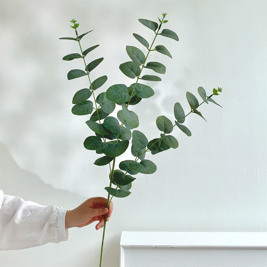 Planta artificial de eucalipto verde com 3 ramificações, flor artificial, planta artificial, folha de dinheiro, arranjo