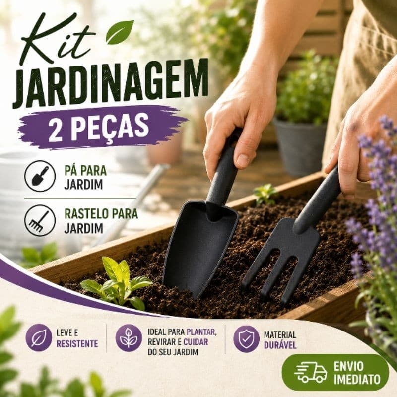 Kit Jardinagem 2 Peças Pá e Rastelo para Jardim Plantio Horta Vasos