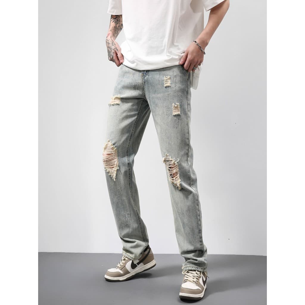 Calças de brim de verão masculinas soltas em linha reta calças rasgadas calças masculinas Street Wear nostálgico calças
