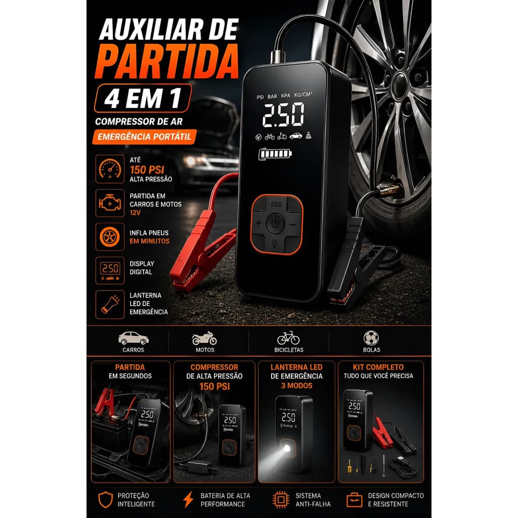 Auxiliar De Partida Com Compressor De Ar Emergência Portátil