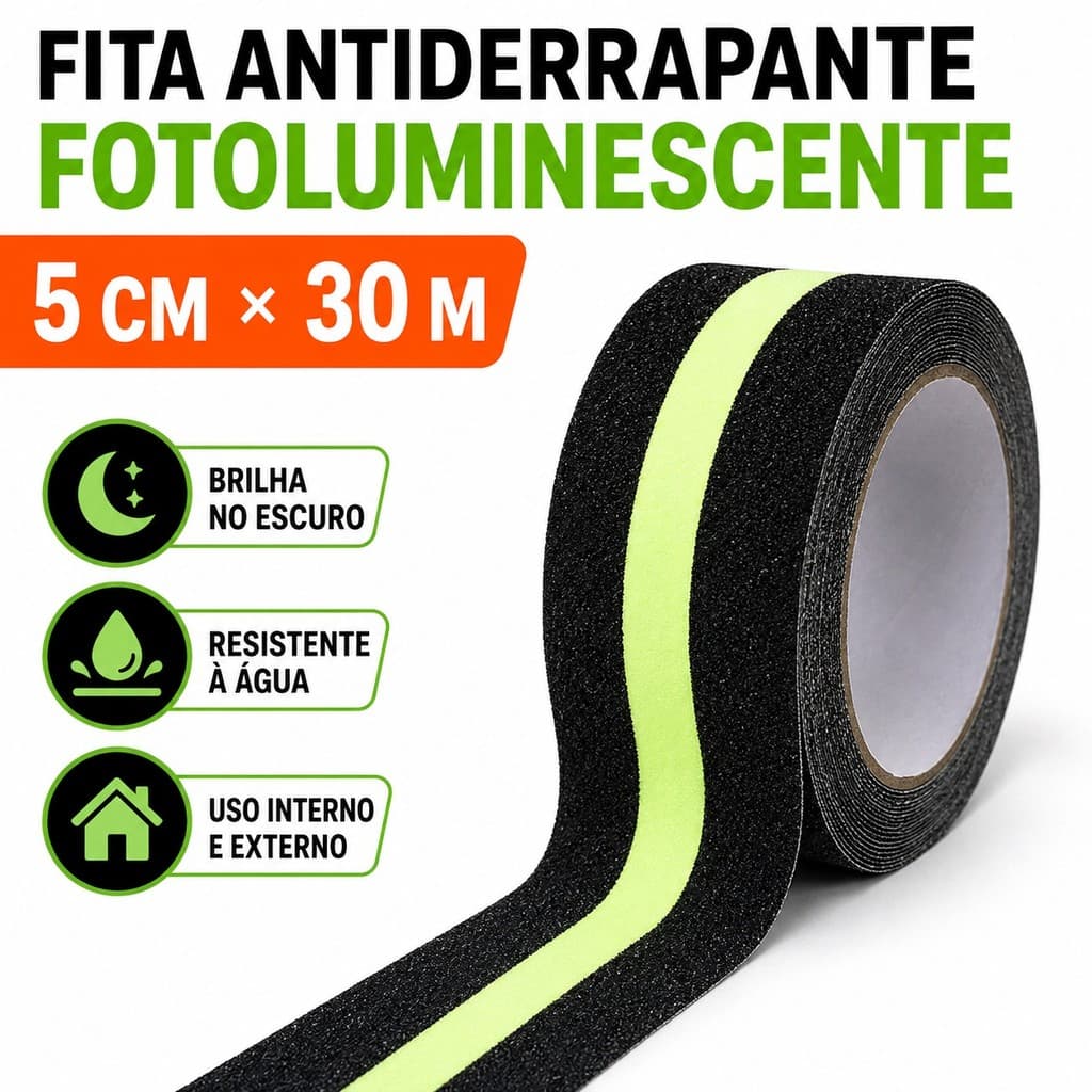 Fita Antiderrapante Fotoluminescente Adesiva 5cm x 20m/30m Preta Brilha no Escuro para Escada, Piso e Rampa