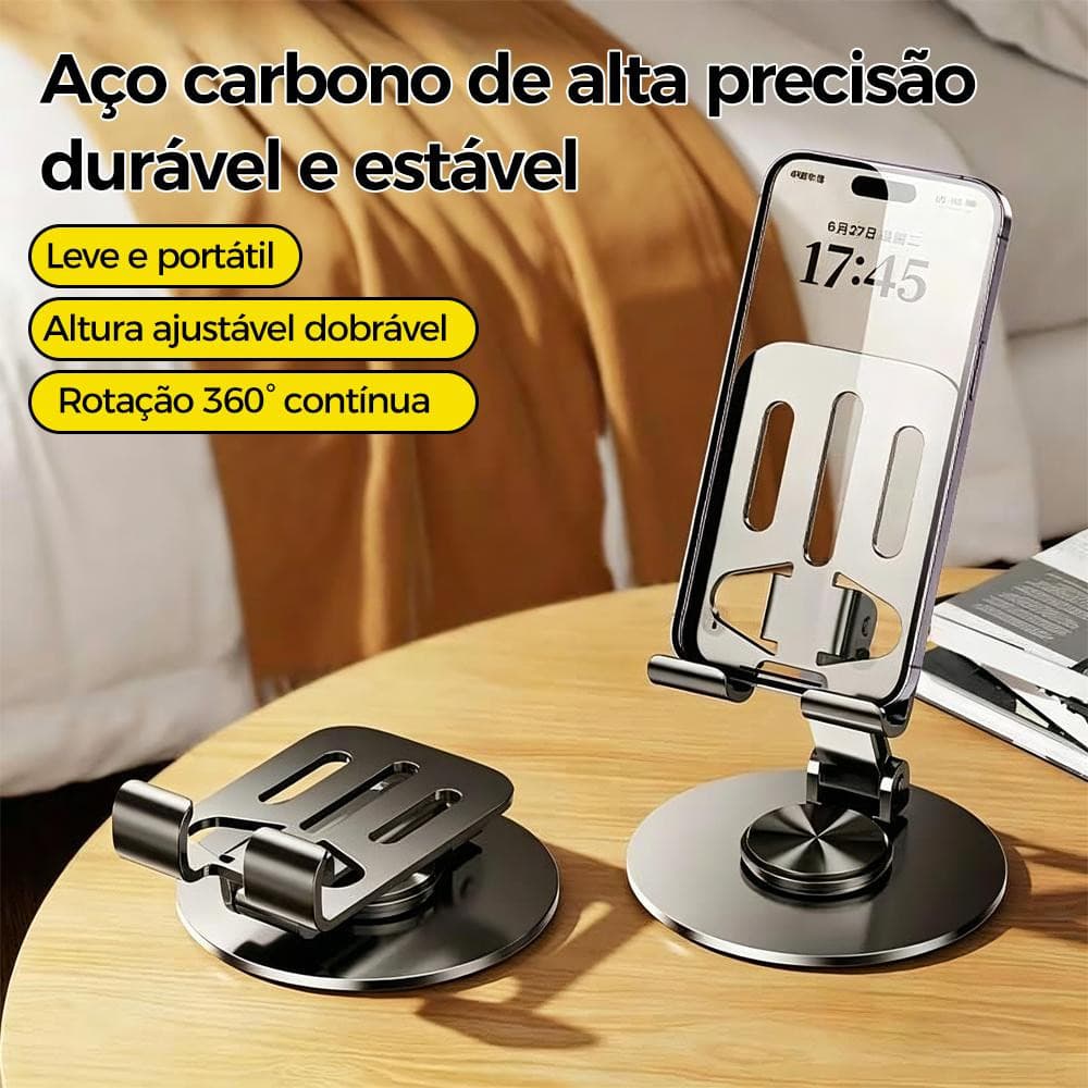 Suporte de Mesa em Alumínio Giratório 360° Ajustável Multiuso para Smartphone e Tablet Resistente