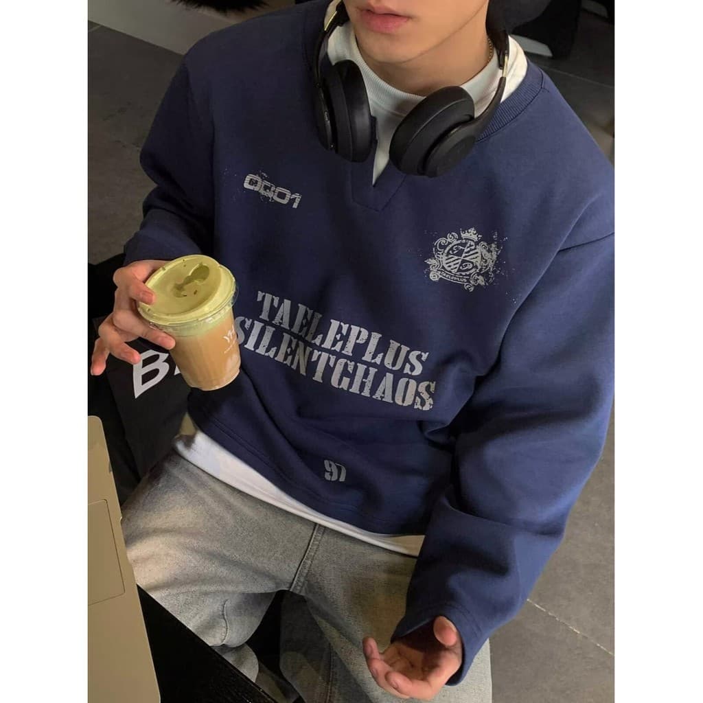 Americano estilo Retro carta impressa moletom masculino feminino solto pulôver manga longa azul marinho High-End na moda