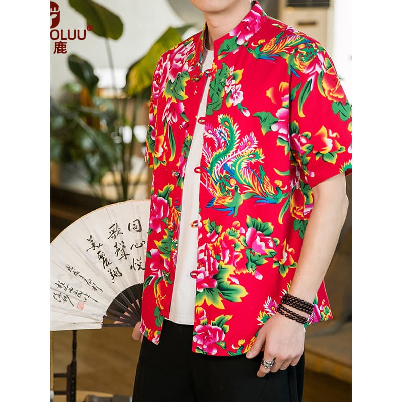 Nordeste grande flor camisa étnica estilo chinês Tang terno Hanfu impresso camisa verão manga curta na moda jaqueta Casu