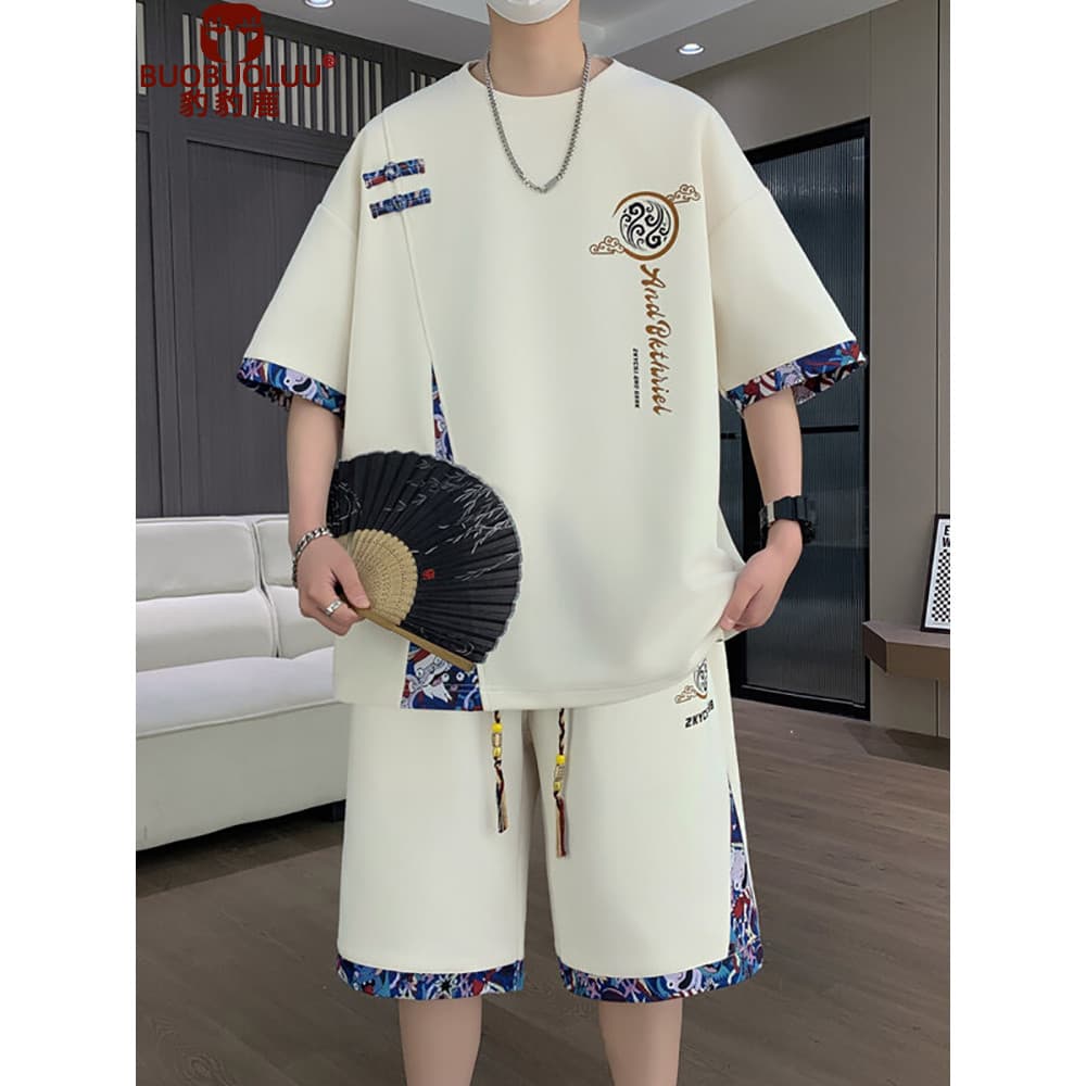 Chinês de manga curta Plus Size terno masculino solto verão gelo seda juventude Casual bonito Shorts esportivos de duas