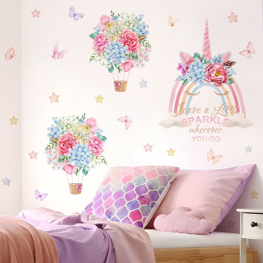 Adesivos de parede unicórnio dos desenhos animados adesivos de parede arco-íris flor borboleta auto-adesivo adesivos de