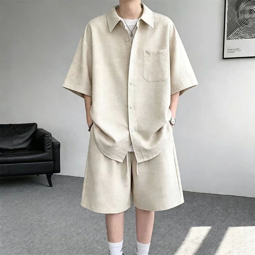 Terno estilo dinheiro antigo masculino estilo fino solto sentimento um conjunto inteiro camisa de manga curta Shorts All