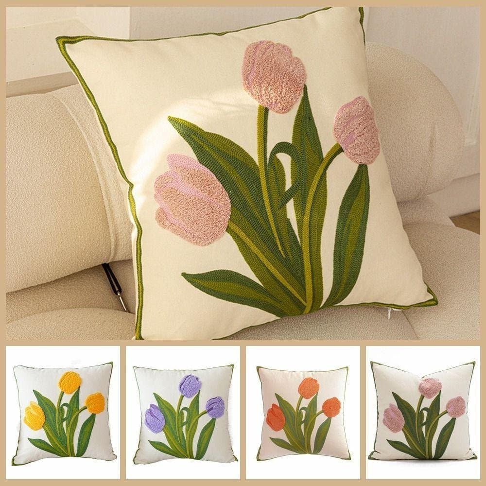 Capa de Almofada SD413UDC com Padrão de Tulipa, Flor Bordada 45x45cm, Estilo Campestre