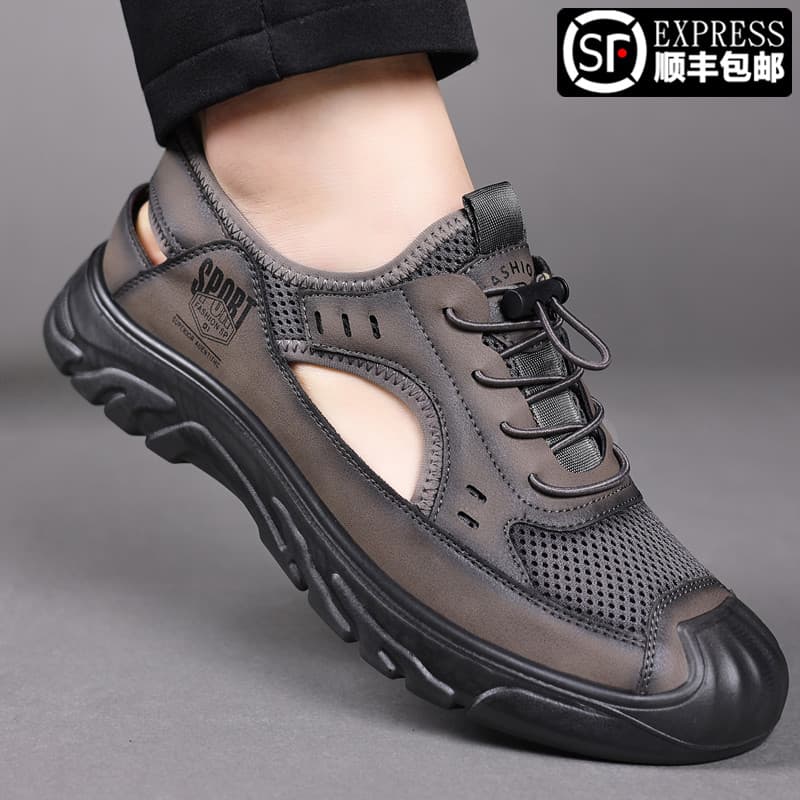 Baotou sandálias 2025 verão novo estilo de couro genuíno oco sapatos masculinos casuais sola macia respirável buraco sap