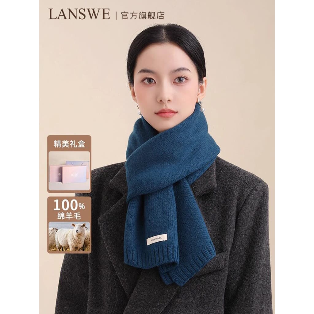 Langsha 100% cachecol de lã feminino inverno cachecol de malha outono inverno quente High-End azul pequeno cachecol caix