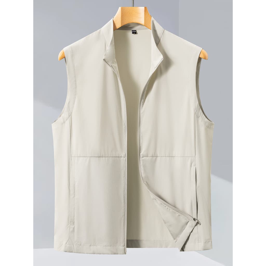 High-End gola alta colete masculino sem mangas ao ar livre jaqueta de negócios moda All-Match cáqui zíper fino V