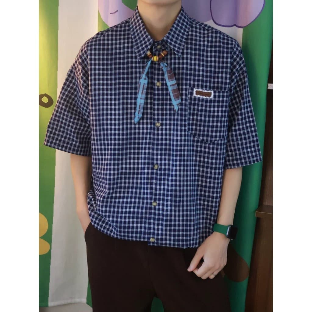 Gravata borboleta pequena xadrez algodão literário Retro verão camisa de manga curta masculino feminino japonês solto Ca