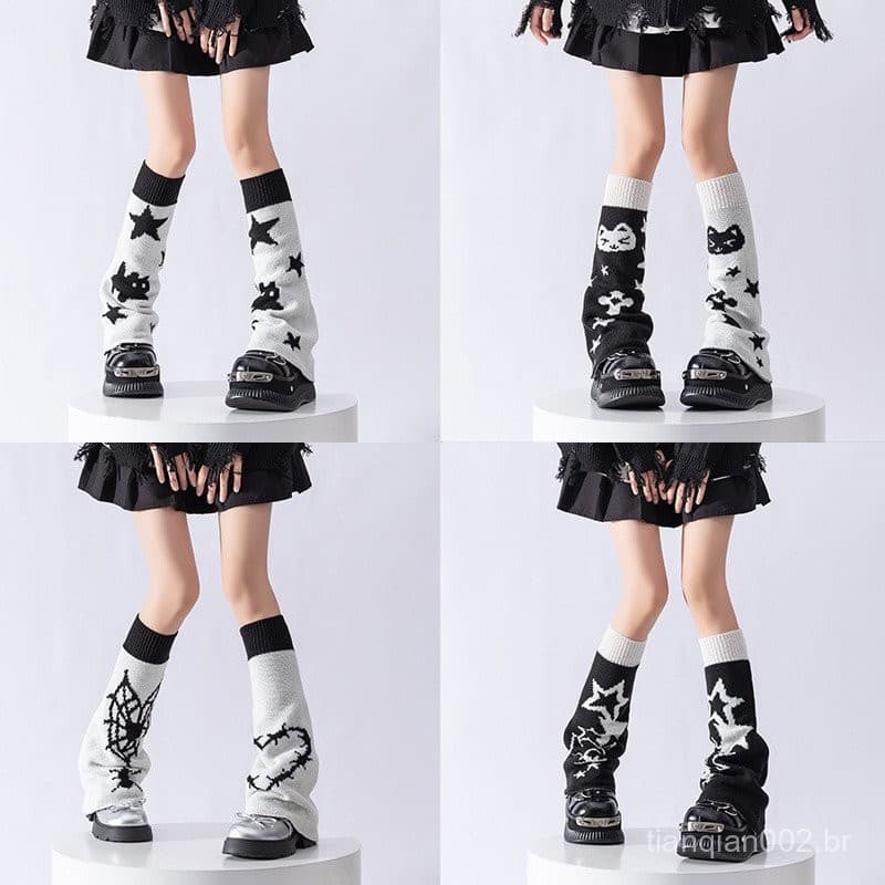 Japonês Bonito Malha Polainas Casual Doce Y2k Gato Estrela Impressão Dois Lados Usar Meias Femininas Vintage Harajuku Qu