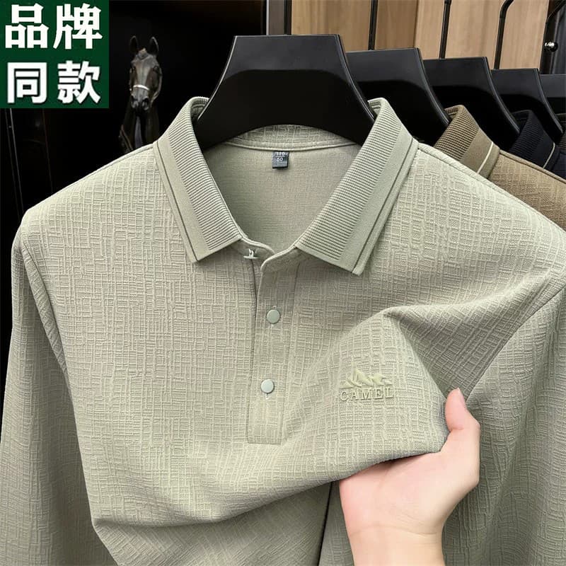Camiseta masculina de manga comprida de alta qualidade lapela 2026 primavera outono Anti-rugas Jacquard bordado pai de m