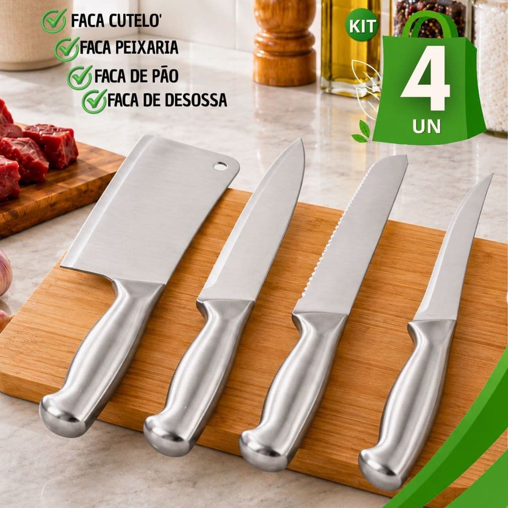 Kit 4 Facas Profissionais Aço Inox Cutelo Faca Serrilhada Carne Churrasco Cozinha Chef Corte Preciso