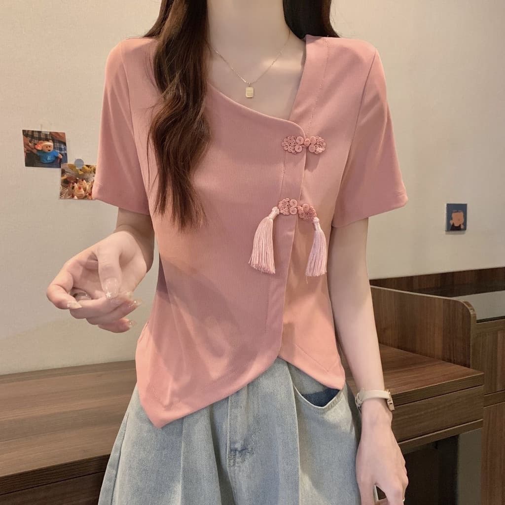 Novo estilo Irregular novo estilo chinês abotoado ombro manga curta camiseta feminina ligeiramente gordo mm Plus Size fe