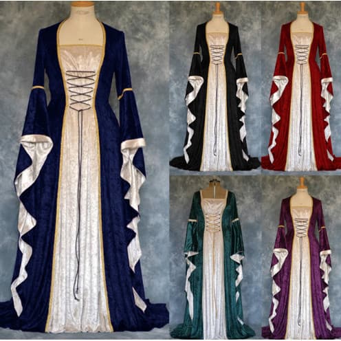 2019 estilos de veludo dourado amarrado manga larga Retro Medieval estilo longo vestido de chão feminino vestido longo