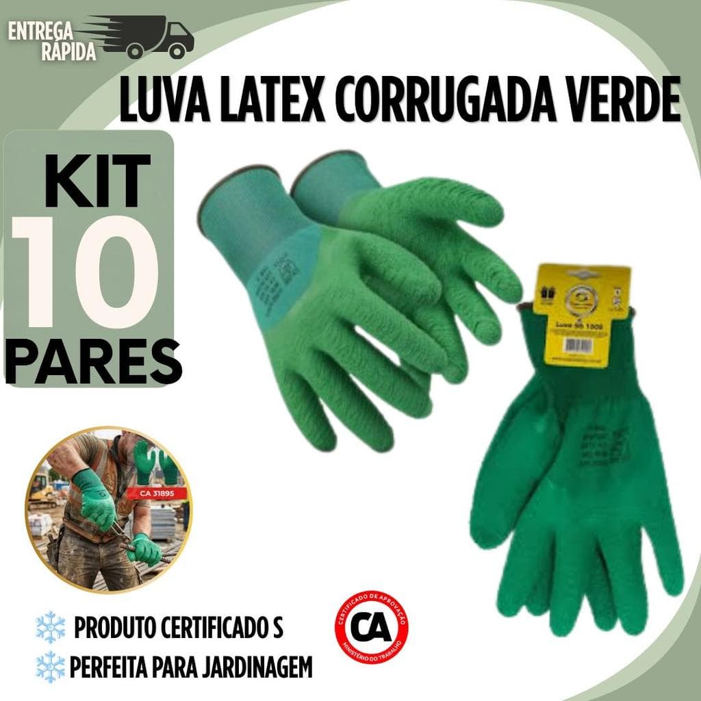 Kit 05 ou 10 Pares Luva Proteçao Limpeza Revestida Látex Corrugado Verde  Banhada Coleta Jardinagem Reciclagem Epi